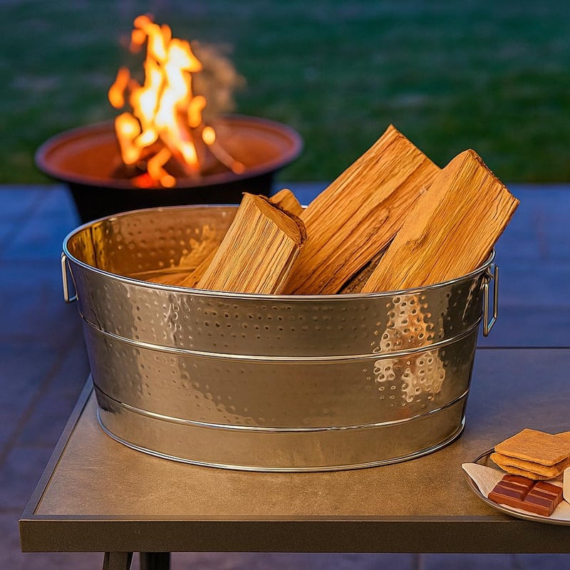 BREKX 25-Quart Tub for Firewood Storage Rack Log Holder - Heavy-Duty Portable Galvanized Tub with Handles for Indoor/Outdoor (Silver) - Image 4